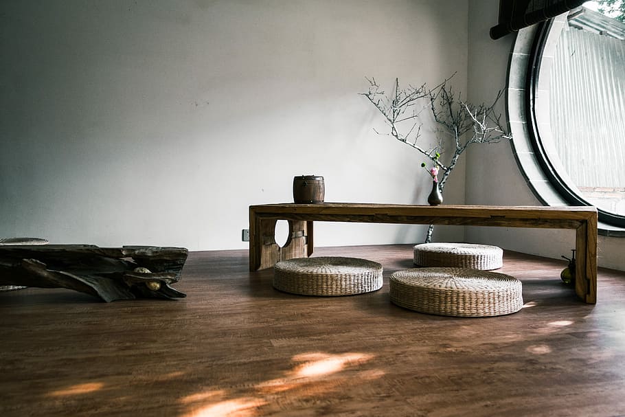 brown wooden bench near window, brown wooden coffee table, home HD wallpaper