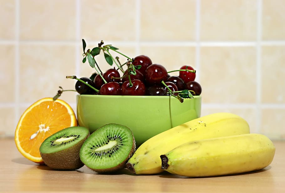 assorted fruits, cherry, bananas, kiwi, kitchen, still life HD wallpaper