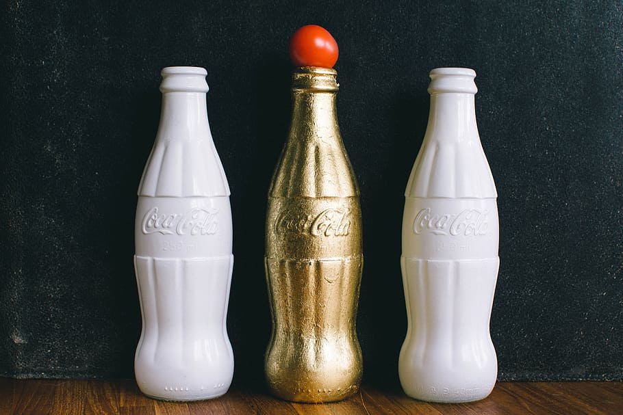 Three White and Brass Coca-cola Bottles, coca cola, colors, container HD wallpaper