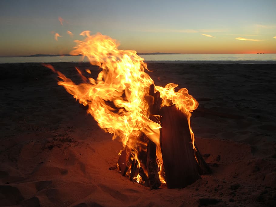 Fire, Beach, Sunset, Horizon, Fireplace, evening, flame, burning, HD wallpaper