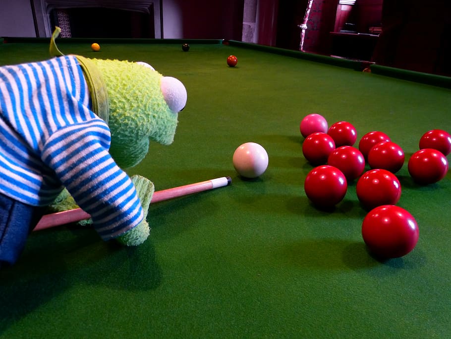 kermit, frog, billiards, balls, black, play, table, company HD wallpaper