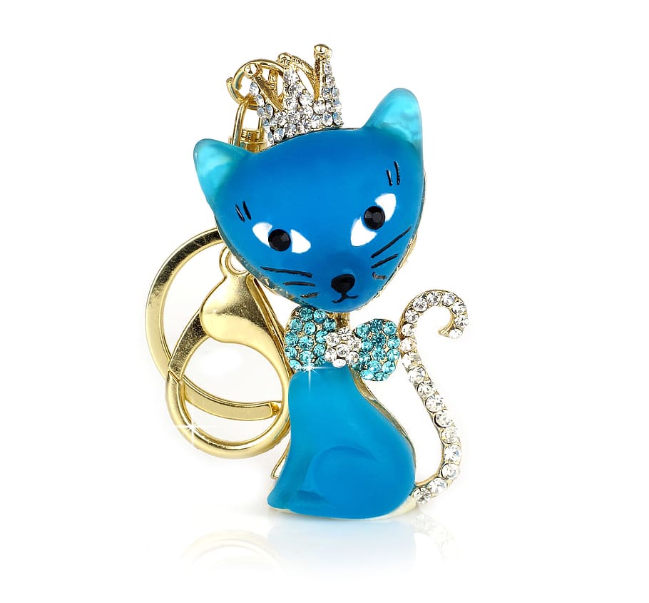 gold-colored and blue cat pendant, blue and gold, accessory HD wallpaper