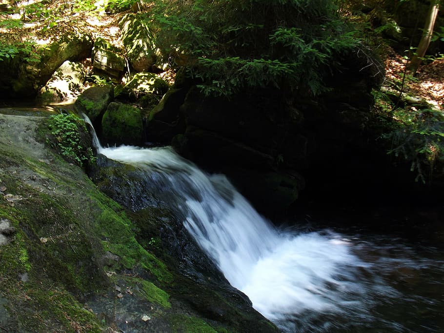 waterfall, weir, current, river, nature, blurred water, running water HD wallpaper