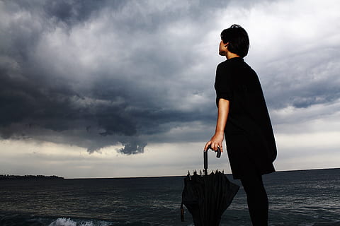 person in black shirt holding umbrella, only, sad, depression HD wallpaper