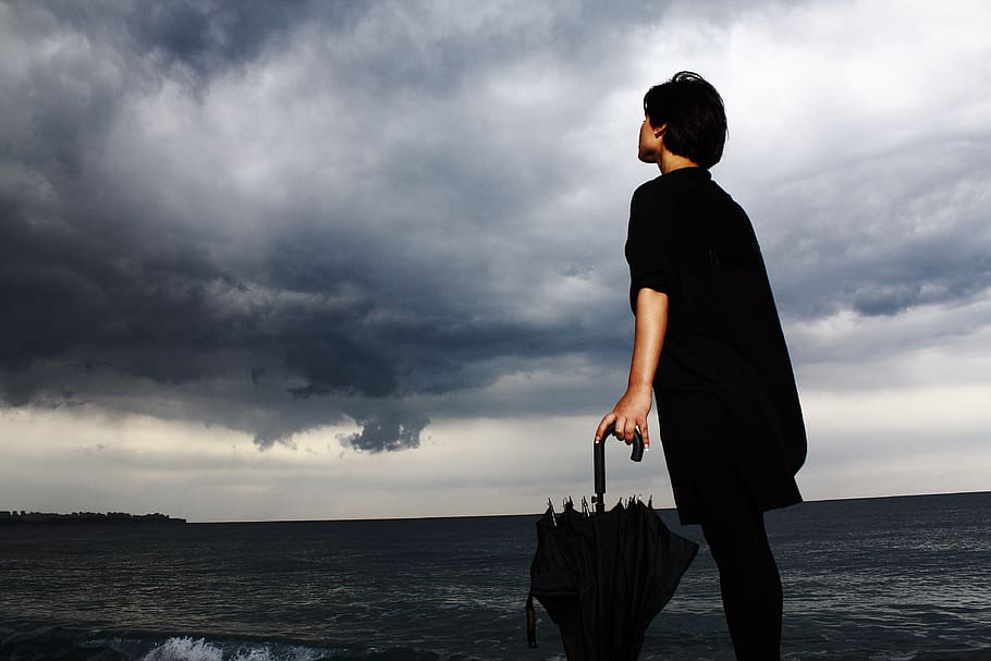 person in black shirt holding umbrella, only, sad, depression, HD wallpaper