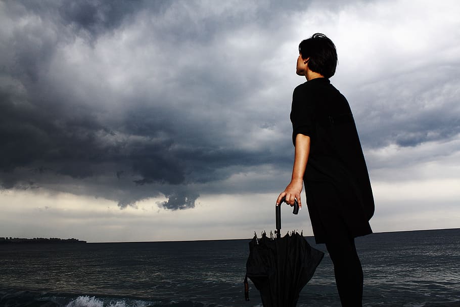 person in black shirt holding umbrella, only, sad, depression HD wallpaper