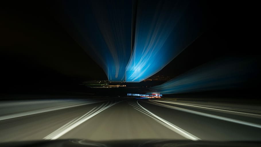 Road, Night, Stelae, Lights, Vehicle, speed, long exposition