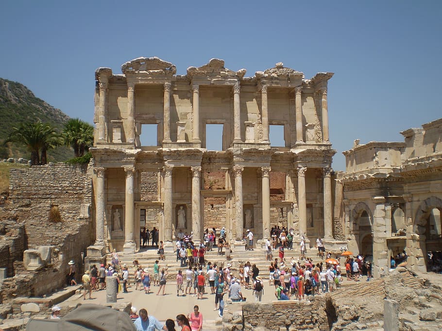 library of celsus, ephesus, ruins, history, large group of people, HD wallpaper