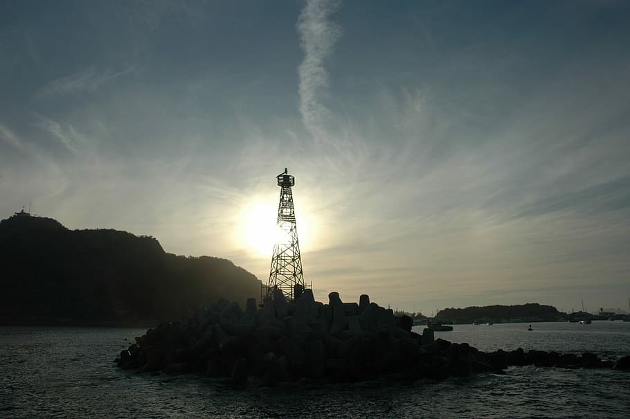 Buoy, Lighthouse, Sea, tower, sunset, silhouette, oil Rig, sky HD wallpaper