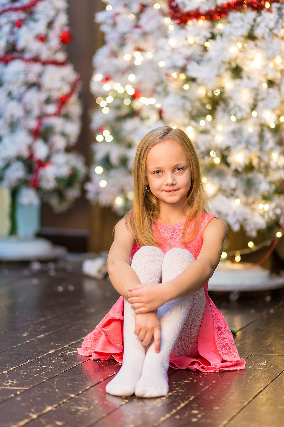 girl in pink sleeveless dress sitting on brown wooden floor, child, HD wallpaper