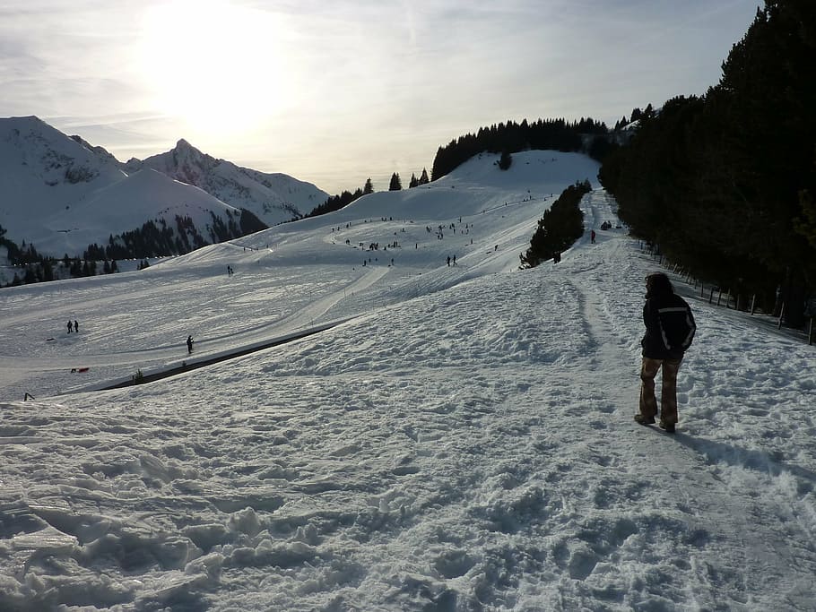 wintry, mountains, alpine, cold, back light, snow, snow landscape HD wallpaper