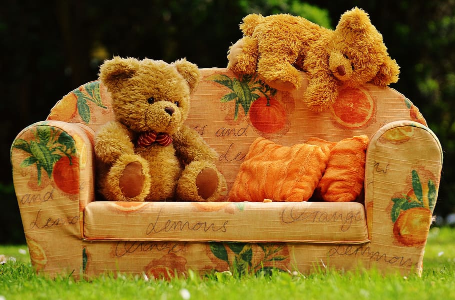 two bear plush toys in sofa, bears, sweet, cute, teddy, funny HD wallpaper
