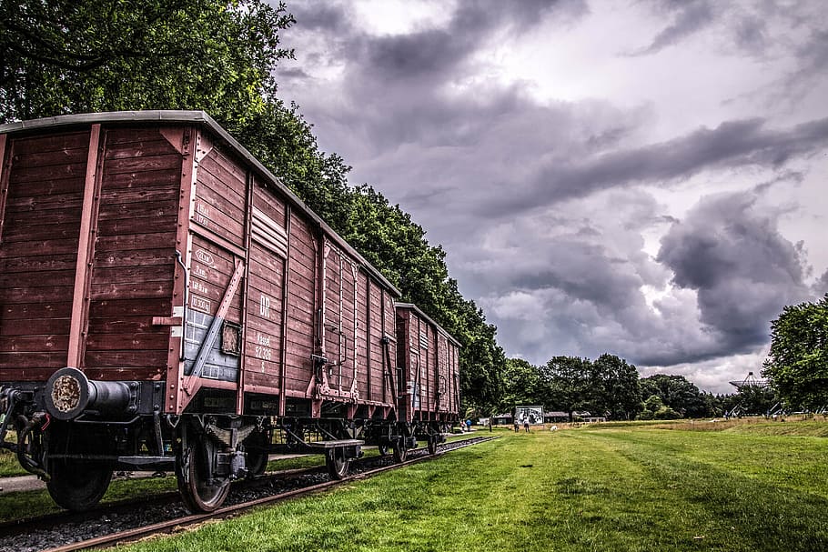 brown train on railway, cloud, landscape, transportation, cloud - sky HD wallpaper
