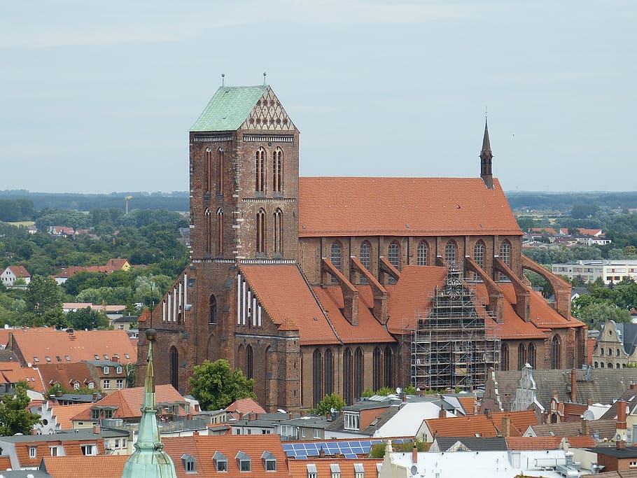wismar, outlook, old town, historically, roofs, city, view, HD wallpaper