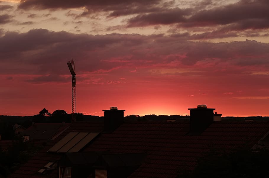 Red, Sky, Sky, Crane, Sunset, homes, silhouette, built structure HD wallpaper
