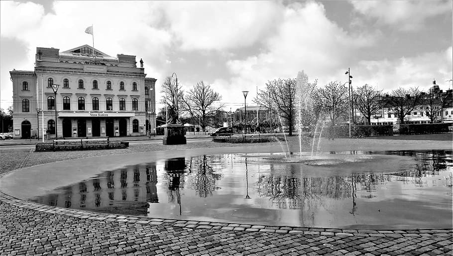 gothenburg, theater, park, fountain, architecture, water, mirror image, HD wallpaper