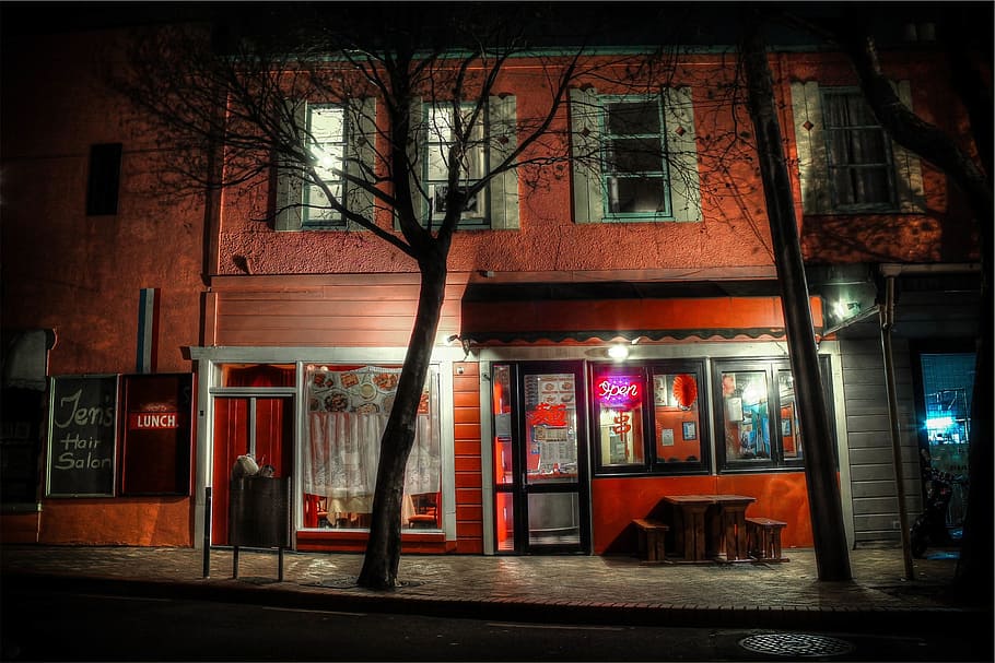 restaurant, building, windows, open, neon, sign, sidewalk, street HD wallpaper
