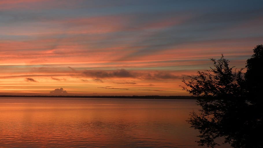 sunrise, clouds, river, water, tree, sunset, sky, cloud - sky HD wallpaper