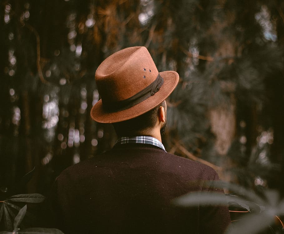 person wearing brown fedora hat facing trees, man wearing brown hat standing under tree, HD wallpaper