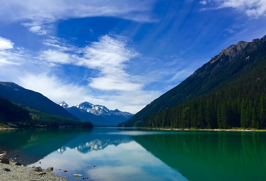 reflective photo of mountains and lake under blue sky, lake surrounded by mountains HD wallpaper