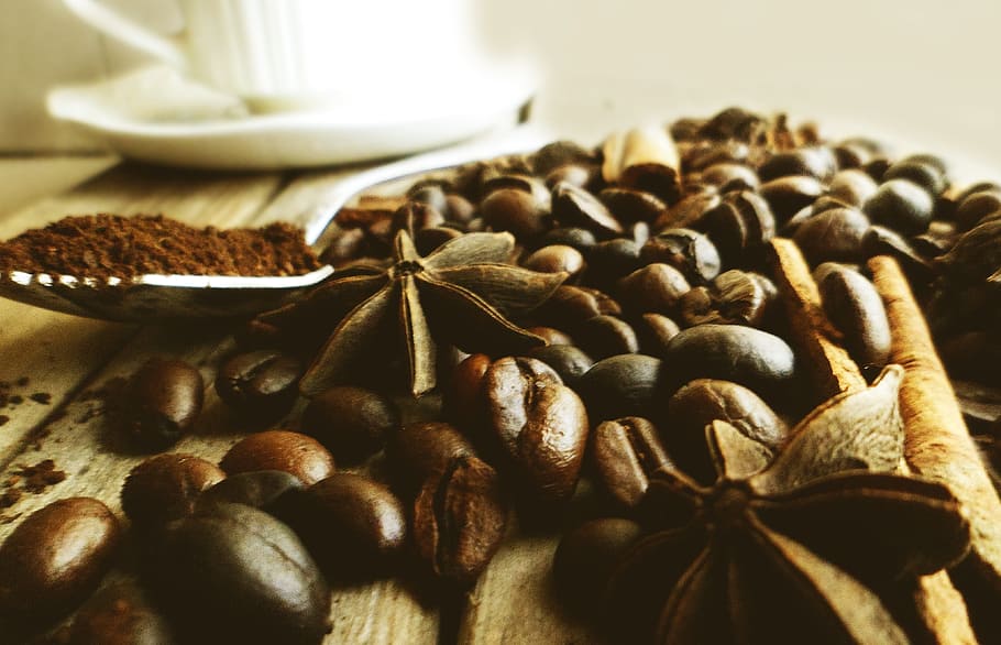 selective close-up photography of star anise with coffee beans and cinnamon sticks HD wallpaper