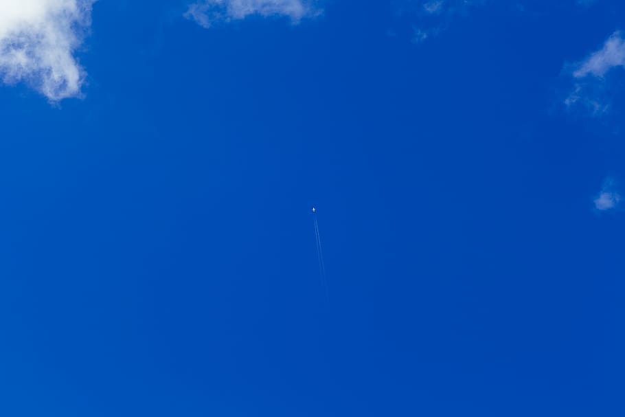 white plane up in sky, blue, clouds, airplane, jet, flying HD wallpaper