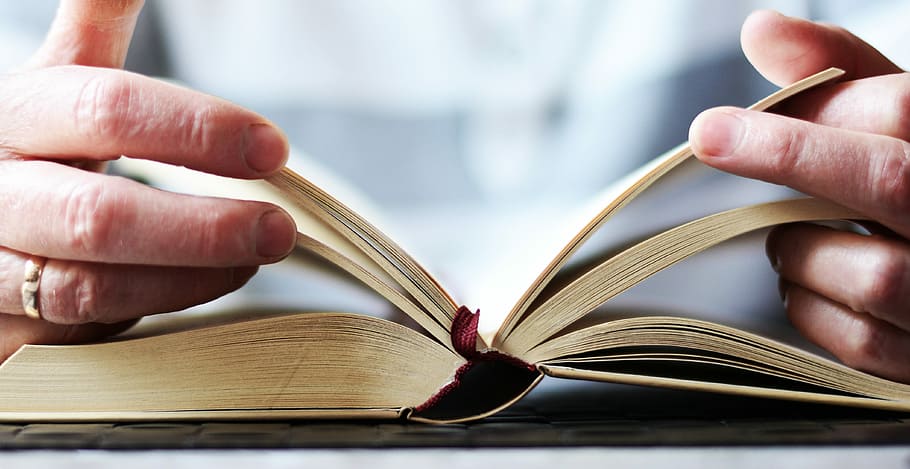 person opening a book, hands, read, open book, bible, literature HD wallpaper