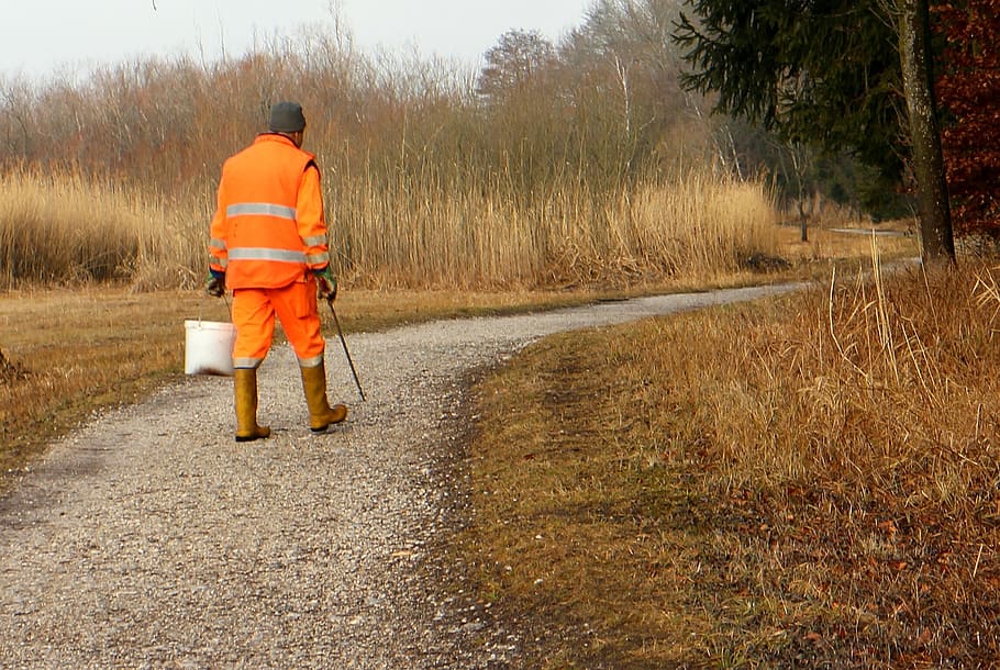 man holding white bucket beside grass, environment, environmental protection, HD wallpaper