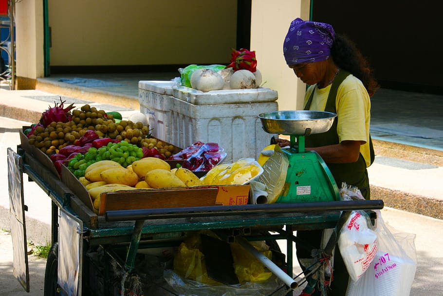 assorted-fruits on green cart, woman, food stall, thailand, market