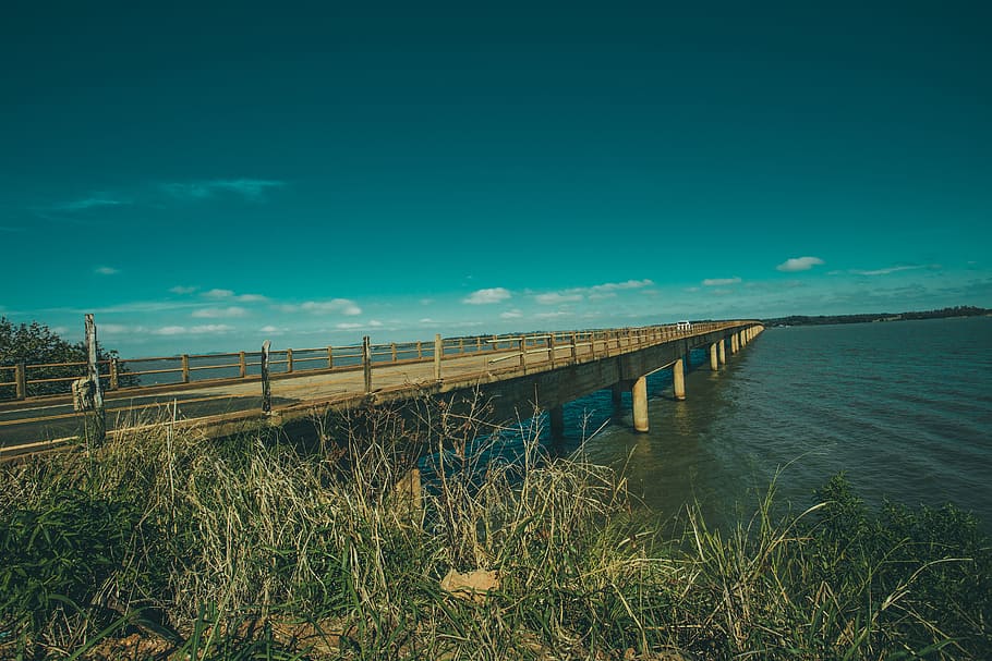 wood, sea, road, dawn, beach, bridge, dusk, grass, lake, landscape HD wallpaper