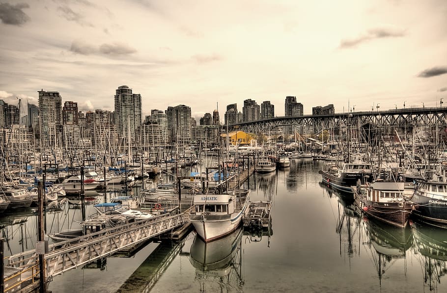 white boat by the dock, grayscale photo of boats in body of water HD wallpaper