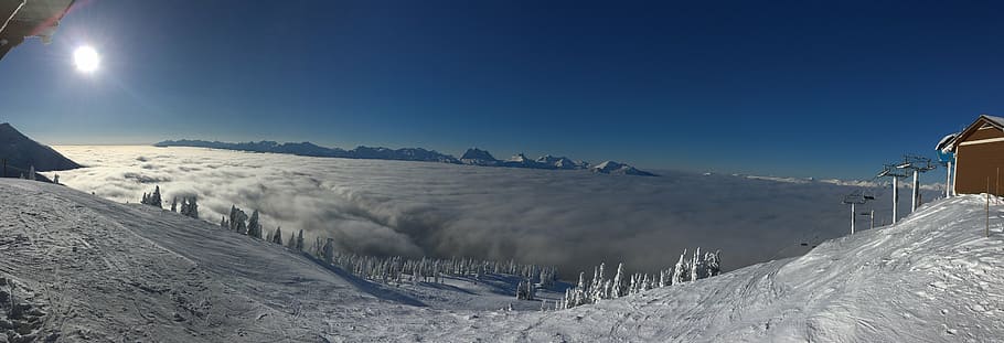 landscape photography of mountain with snow, resort, clouds HD wallpaper