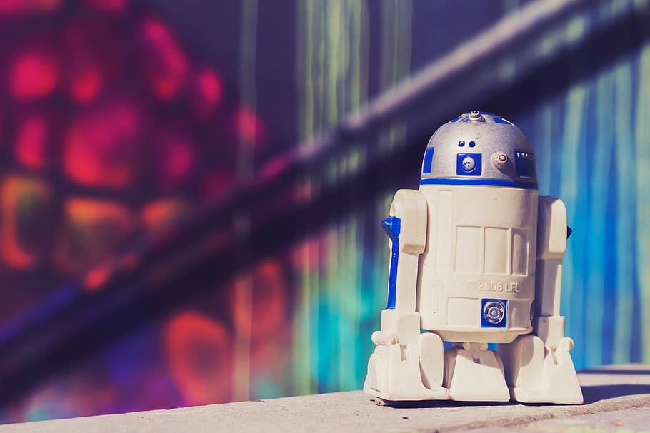 white and blue R2-D2 toy wallpaper, color, graffiti, star wars