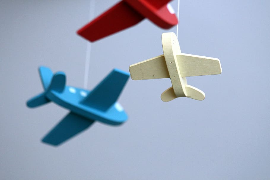 blue, white, and red airplane crib mobiles, toy, light background HD wallpaper