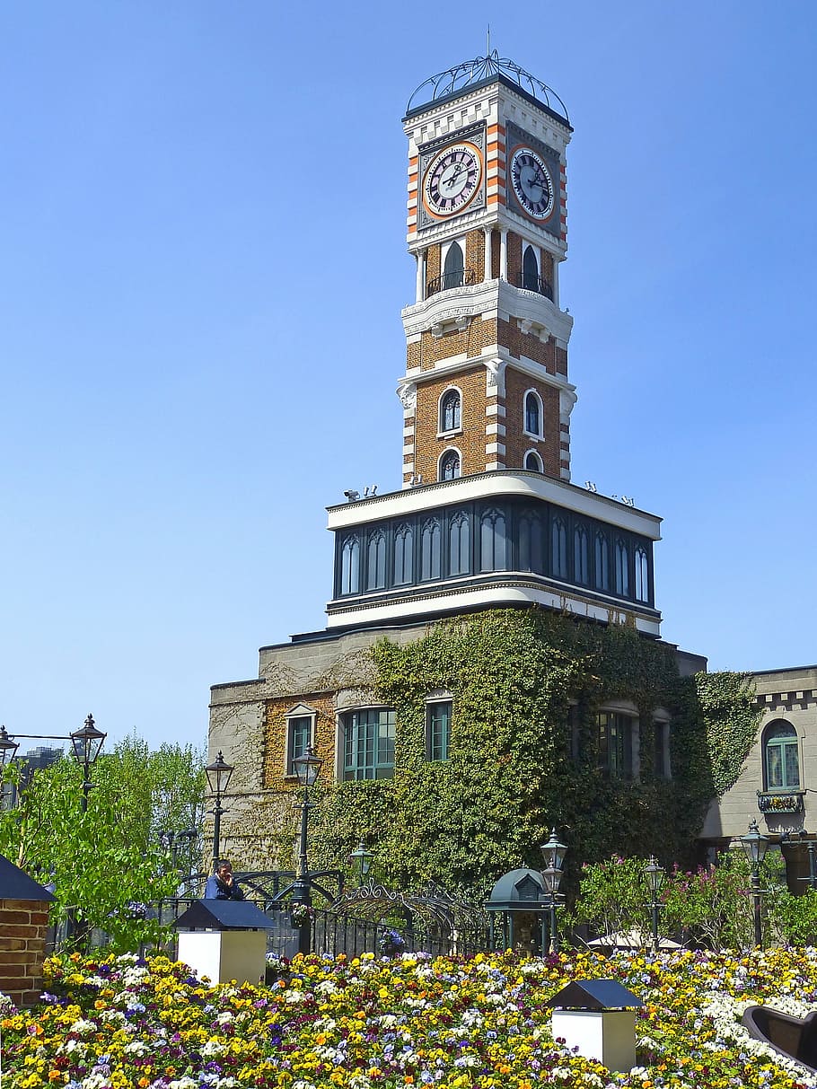 japan, sapporo, clock tower, park, flowers, amusement park HD wallpaper