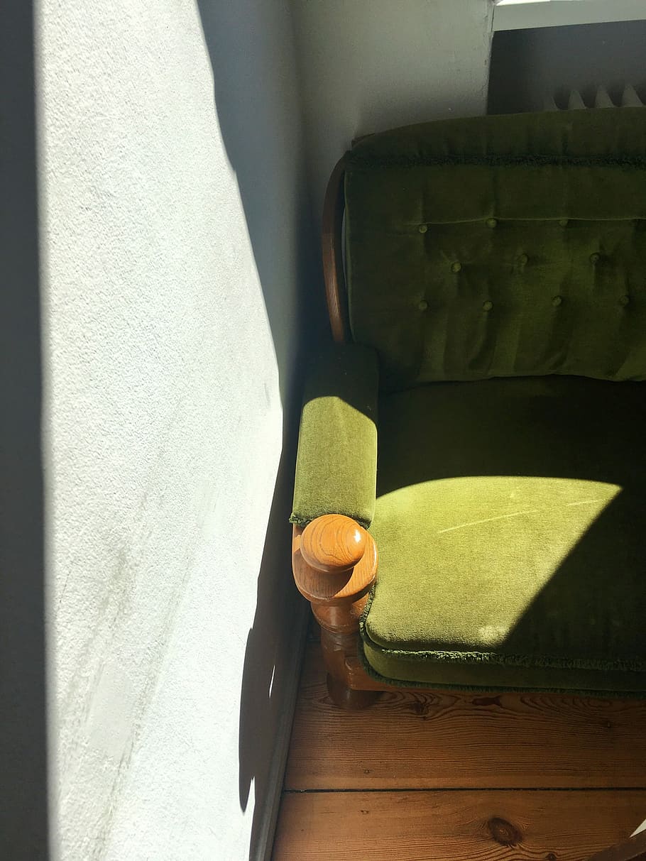 green armchair besides the wall, light, shadow, sunlight, indoor HD wallpaper