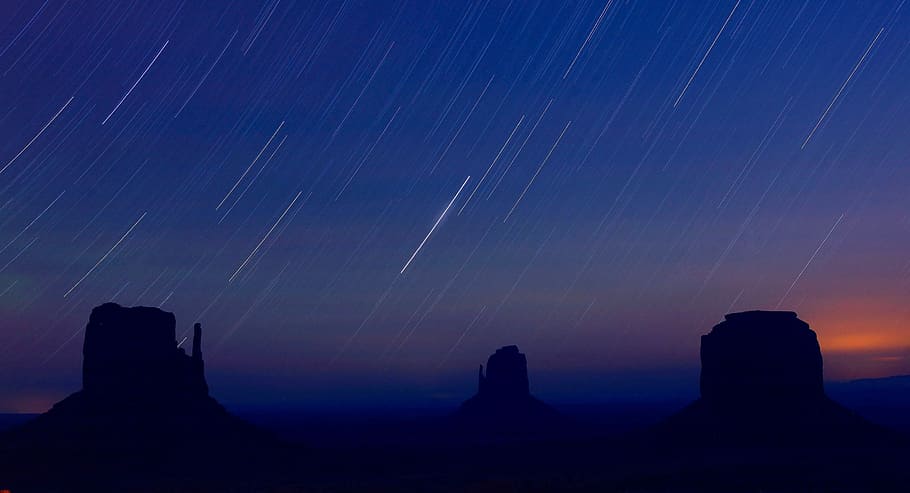 Star trails in the sky during the Perseid meteor shower, comets
