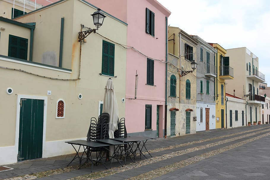 italy, sardinia, alghero, seafront, houses, road, colors, architecture HD wallpaper