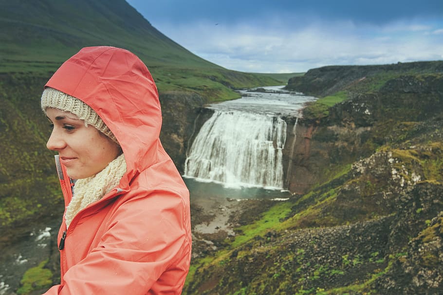 woman standing on mountain, waterfall, stream, nature, green HD wallpaper