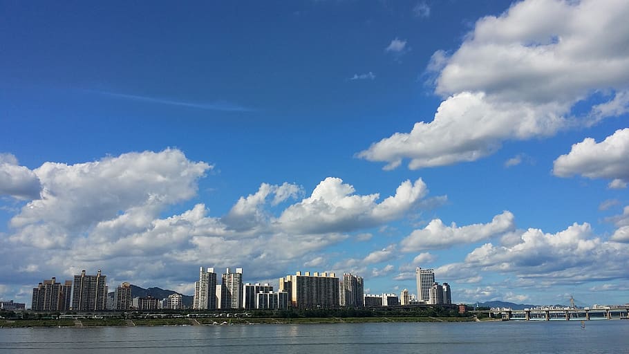 han river, sky, seoul, cloud, city, building, architecture