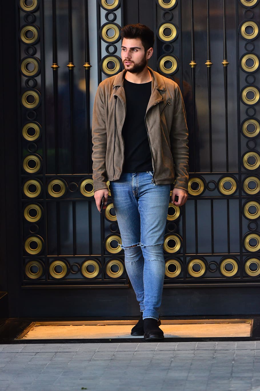 model, door, light, jacket, pants, shoes, jean, one person HD wallpaper