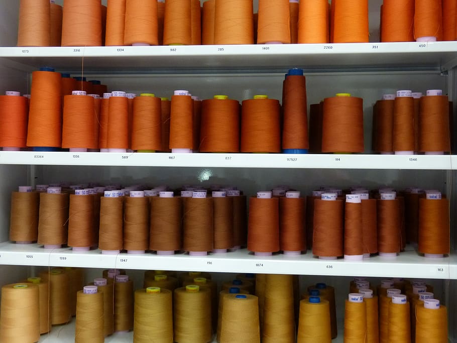 sewing thread, orange, brown, thread spool, no people, in a row HD wallpaper