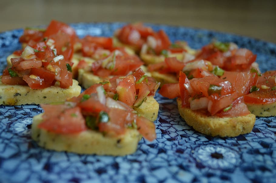 tomato, bruschetta, basil, still life, food, italy, garlic HD wallpaper