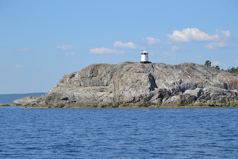 archipelago, lighthouse, cliff, sea, summer, cloud, blue, water HD wallpaper