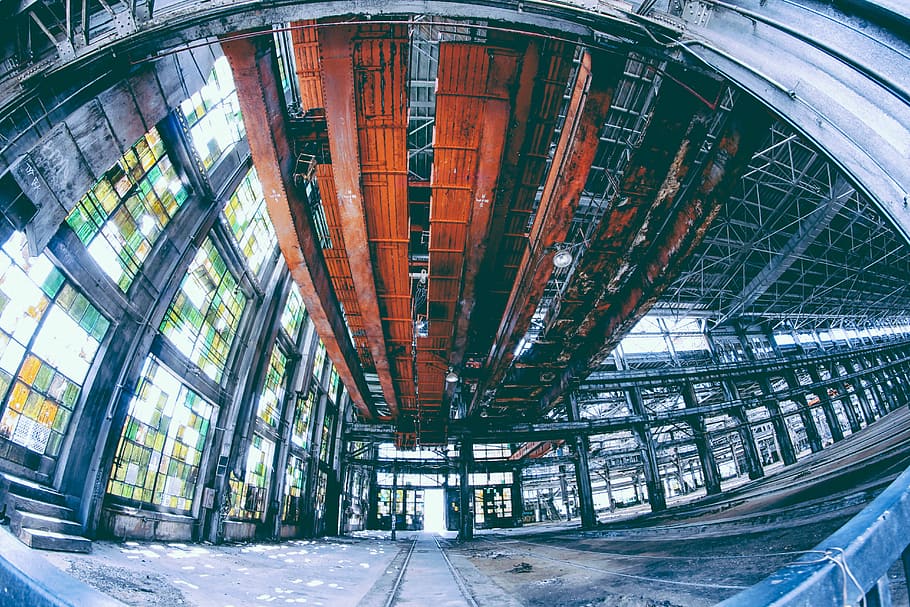 fish lens photography of black and red building interior, fish-eye architectural photography of orange metal overhead crane HD wallpaper