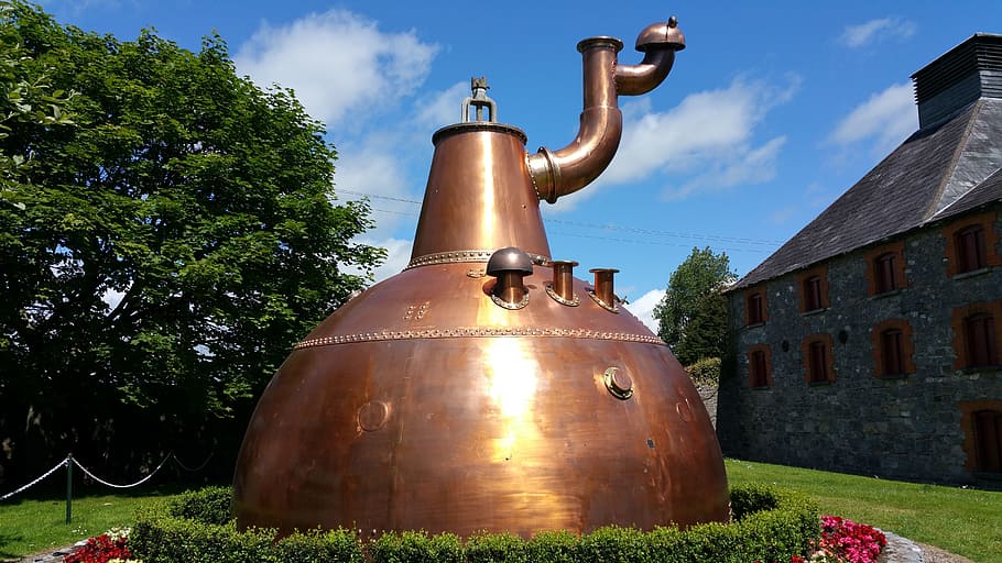 whiskey, brewing, copper, kettle, brewery, alcohol, vintage HD wallpaper