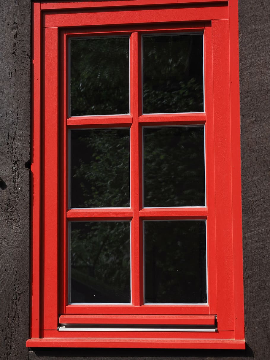 window, lattice window, glass, red, window frames, fachwerkhaus, HD wallpaper