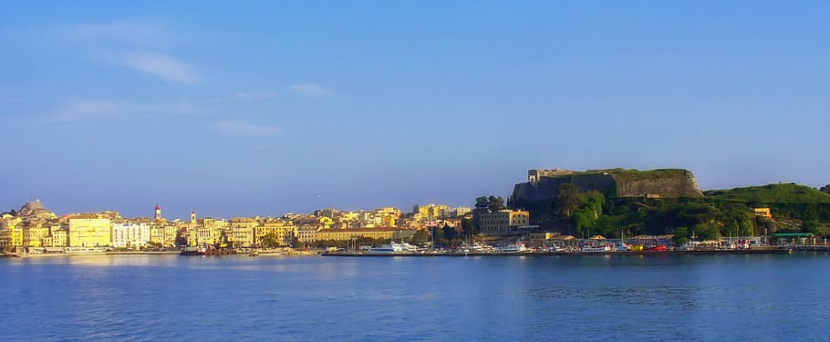 island on body of water under blue sky, corfu, greece, panorama HD wallpaper