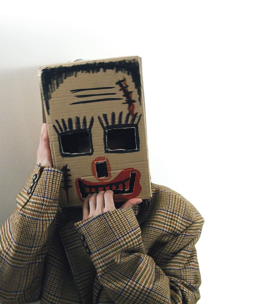 person wearing cardboard box head costume, Mask, Carnival, Death, HD wallpaper