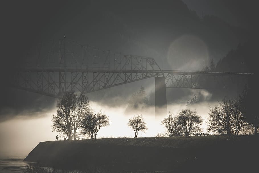 bridge, silhouette, fog, mist, river, architecture, built structure HD wallpaper